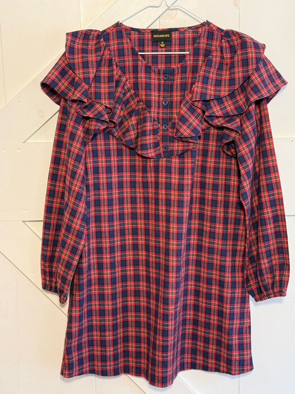 Sugarlips Red Navy Plaid Ruffle Long Sleeve Dress Size XS Feminine